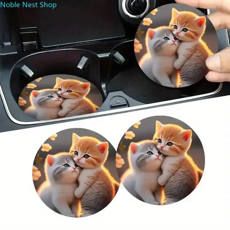 Unisex 2-Pack Trendy Printed Round Aesthetic Kawaii Cuddling Cat Rubber Car Cup Holder Coasters, Absorbent Anti-Slip Inserts for All Seasons Vehicle Interior Decor