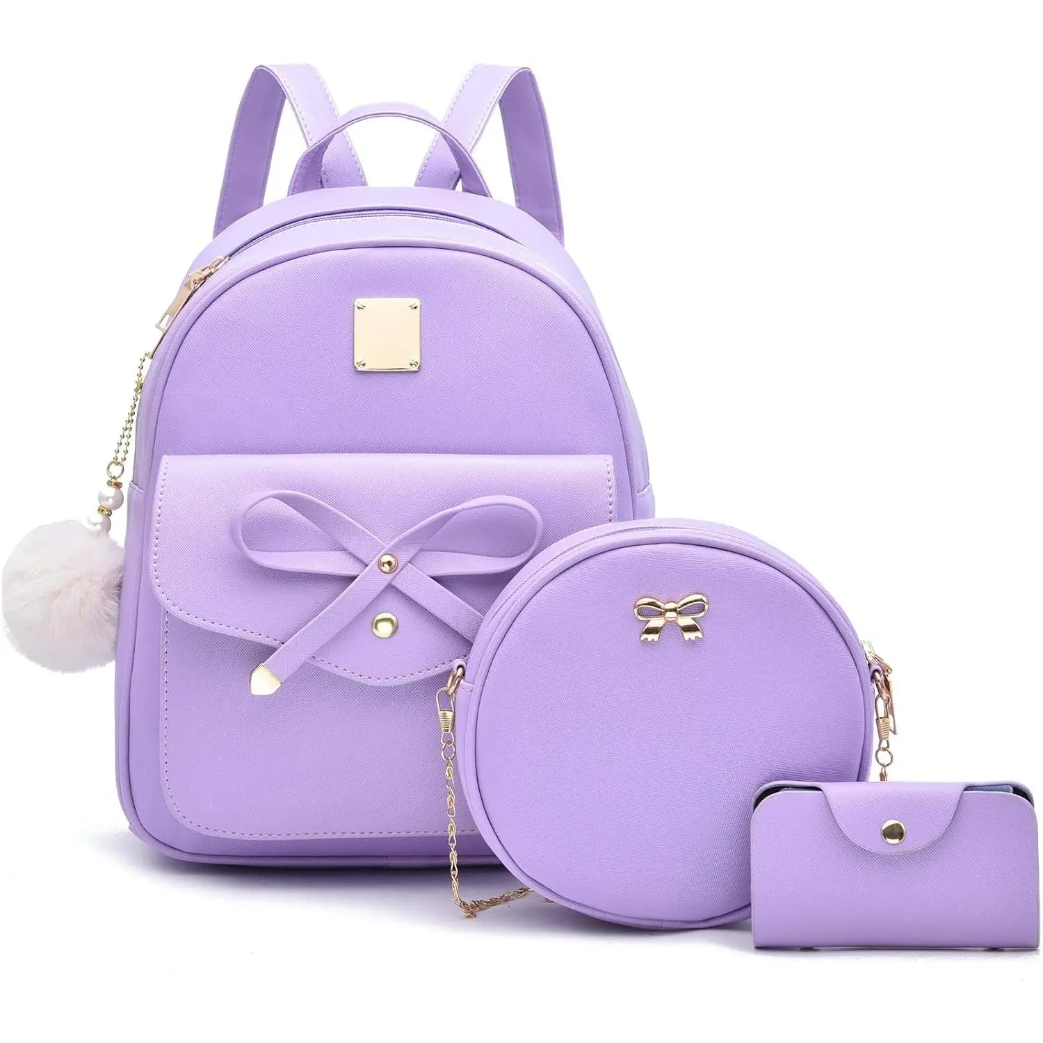Grls Bowknot 3-Peces Fahson Leather Backpack Backpack Purse for Women Rucksack for Lades  Bag