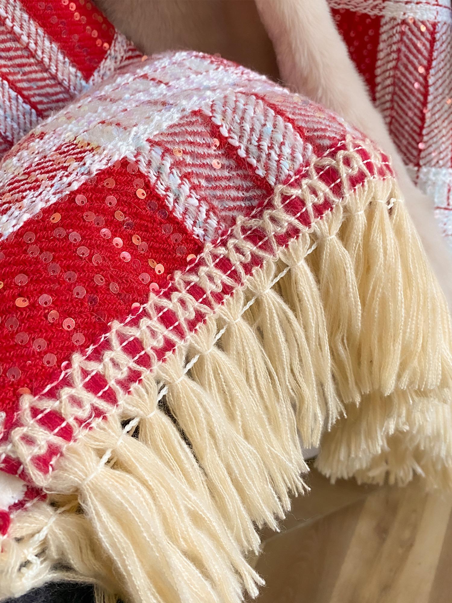 Women's Tartan Print Fur Trim Shawl Collar Cape Coat, Casual Fringe Trim Long Sleeve Open Front Outerwear for Fall & Winter, Women's Clothing for Daily Wear, Lady