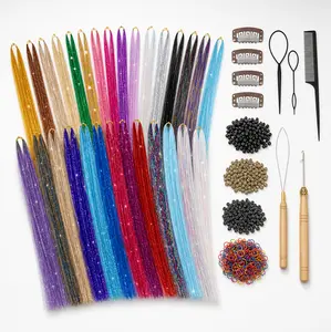 Synthetic Glitter Fairy Hair Tinsel Kit - 18 Colors, 7800 Strands, 48in Hair Extensions with Application Tools