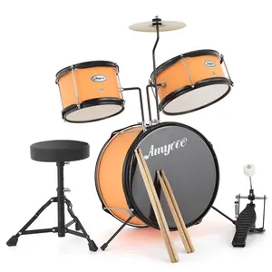 3-Piece Junior Drum Set, Complete Kit with Cymbals, Throne Stool & Pedal, Wood & Metal Construction, Junior Musical Percussion Kit for Boys & Girls