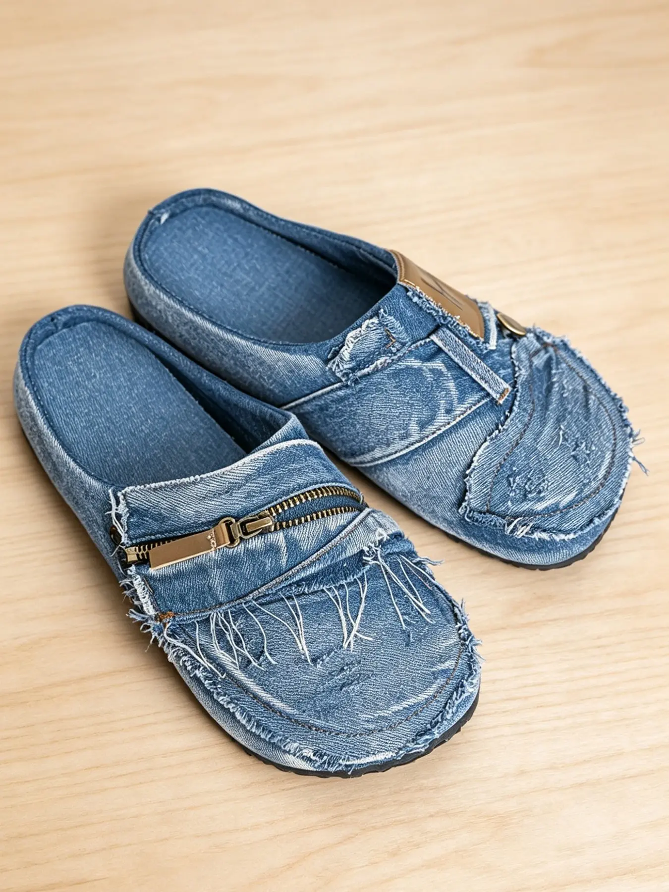 Men Vintage Frayed Mule Slippers Distressed Ripped Design Zipper Detail Flat Comfort Walking Slides Men Vintage Frayed Mule Slippers Distressed Ripped Design Zipper Detail Flat Comfort Walking Slides