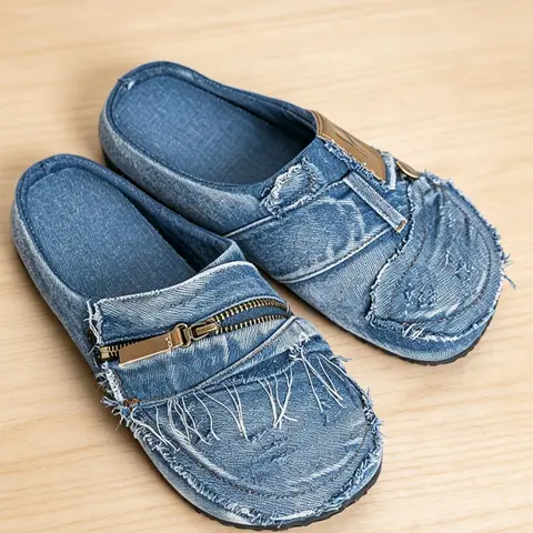 Men Vintage Frayed Mule Slippers Distressed Ripped Design Zipper Detail Flat Comfort Walking Slides Shoes Mules