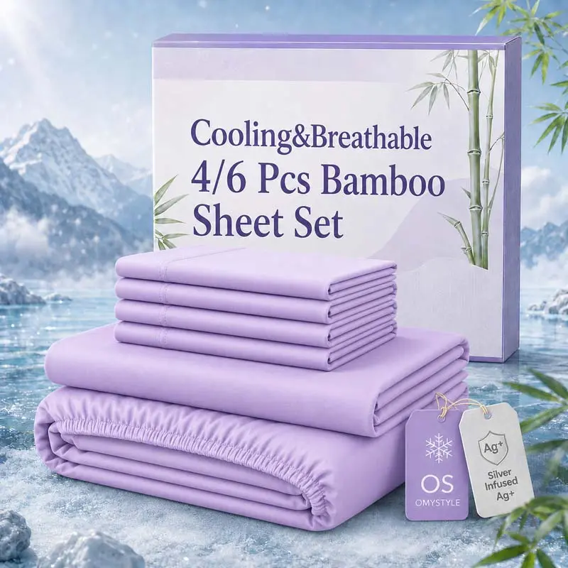OS OMYSTYLE Cooling 4/6pcs Bamboo Sheets Set, Luxuriously Soft, Cool And Breathable, Wrinkle-Resistant, And Comfortable - Easily Fits Extra Deep Mattresses.Suitable for Those Who Are Sensitive to Heat.Suitable for Kids & Children Halloween Gifts