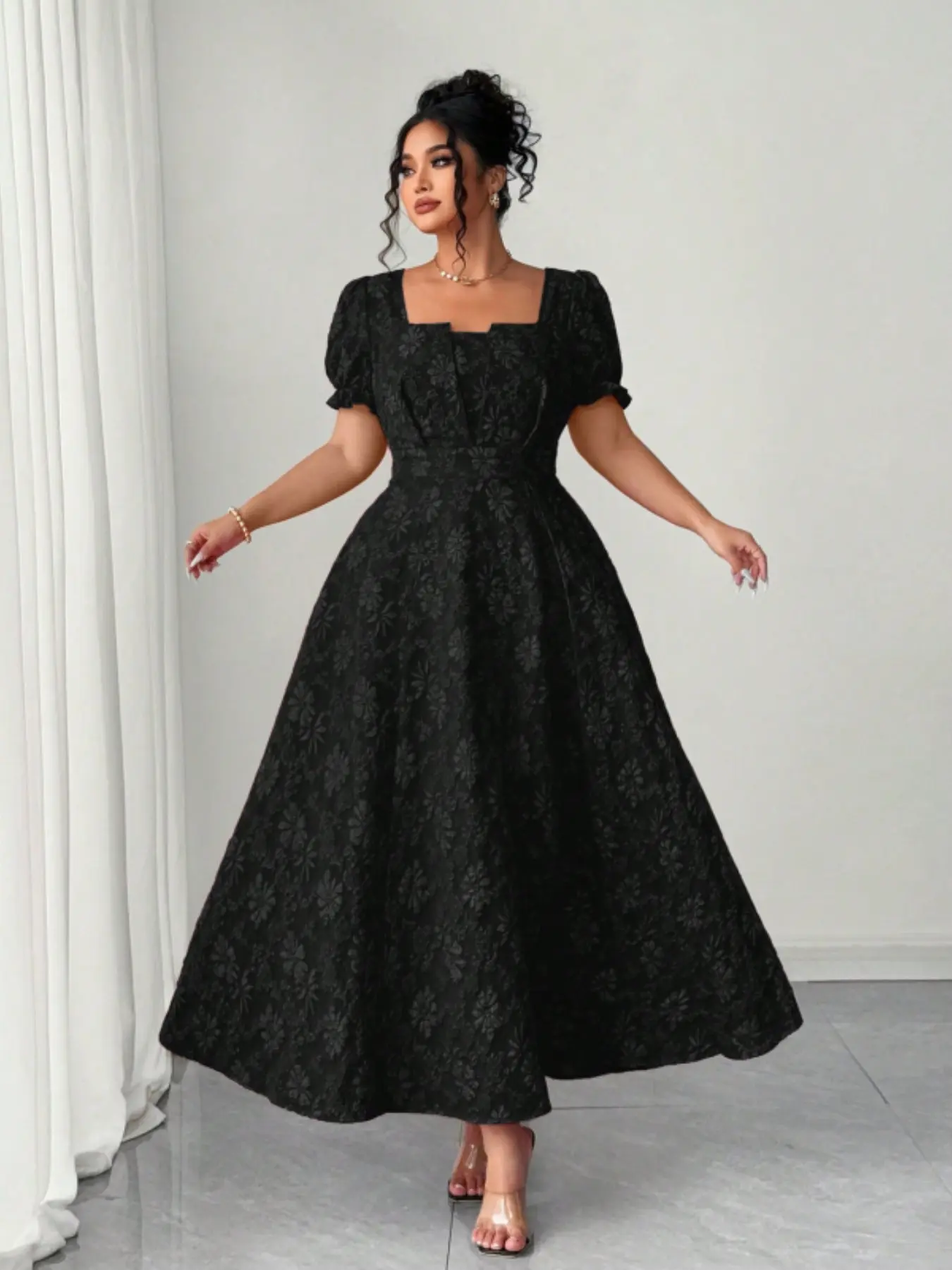 Plus Size Women's Square Neck Waist Cinched Dress, Bubble Sleeve Design, Chic Elegant Floral Pattern, Fitted Style, Casual Wear