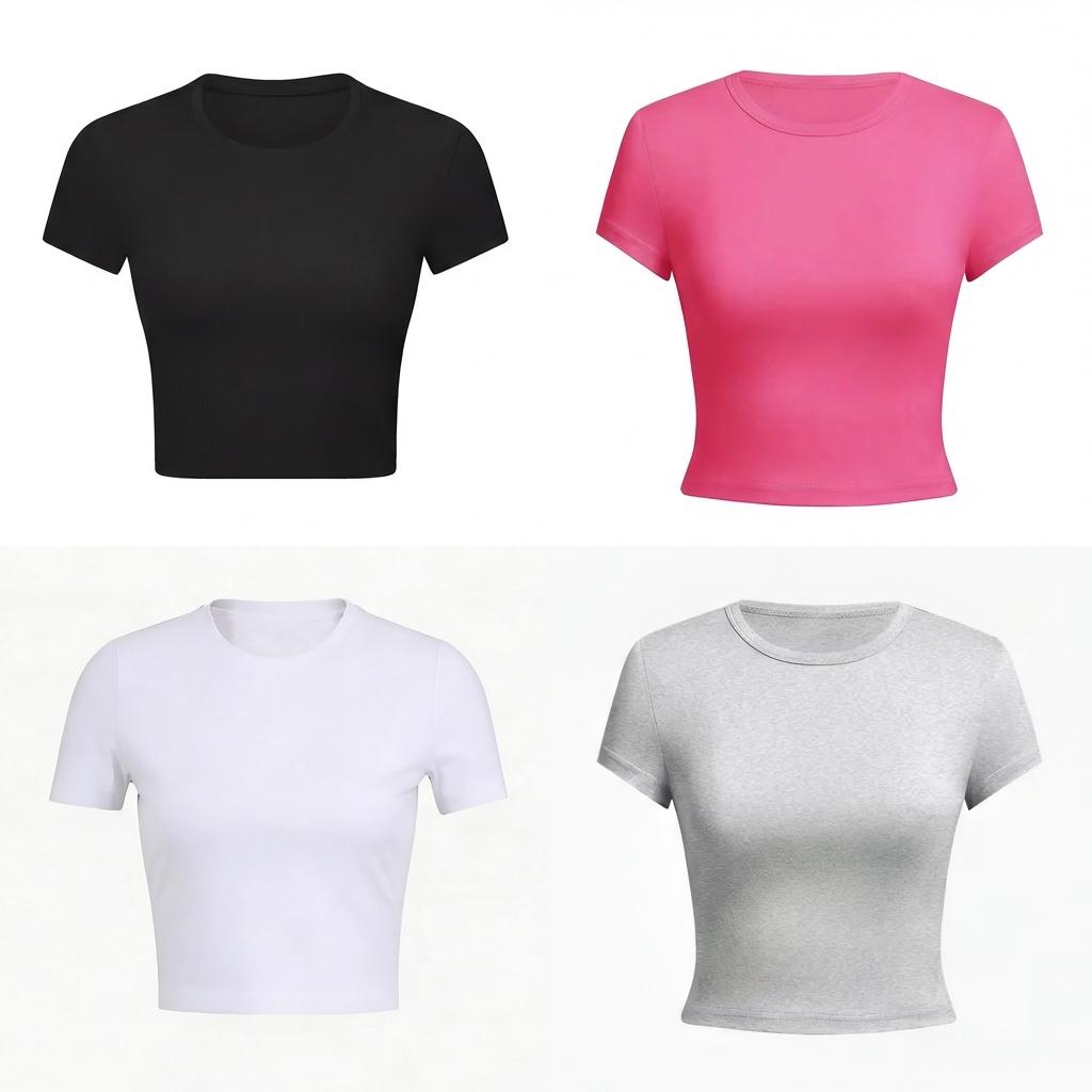 Woman Solid Cotton Crop Tops Short Sleeve High Elastic T-Shirt Soft O-Neck Sporty Tees Summer Street Fashion Female Clothes
