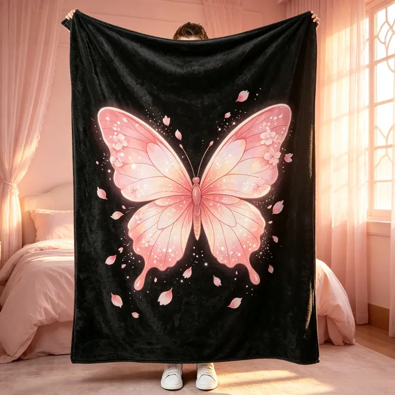Pink Cherry Blossom Butterfly Throw Blanket Sparkle Floral Aesthetic Fleece Blanket Soft Cozy Sofa Bed Home Decor Blanket