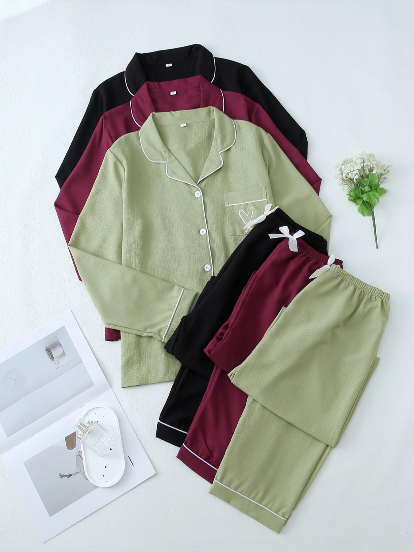 Women's Heart Embroidered Comfy Loungewear Pjs Lounge Co-ord Set, Casual Pajamas Set