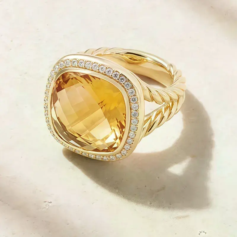 Women's Classic Geometric Cut Bright Yellow Square-Inlaid Zircon Ring - Luxurious Sparkling Jewelry for Women, Banquet Wear, Ideal for Party Gifts