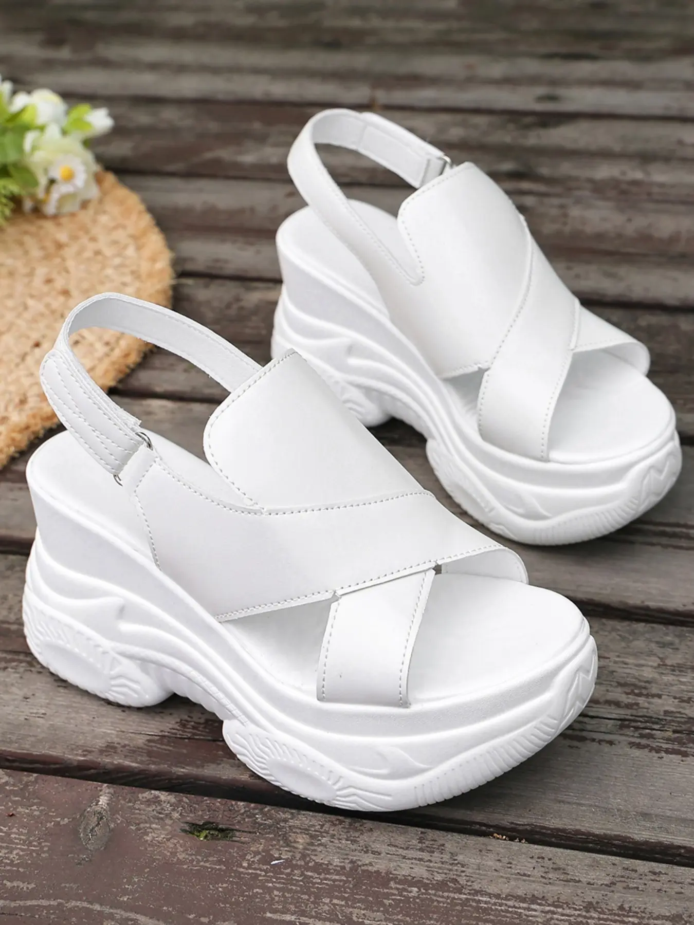 Women Crisscross Strap Wedge Platform Sandals, Open Toe Adjustable Back Strap Chunky Sole Summer Casual Shoes, 4 Colors Black White Beige Light Blue