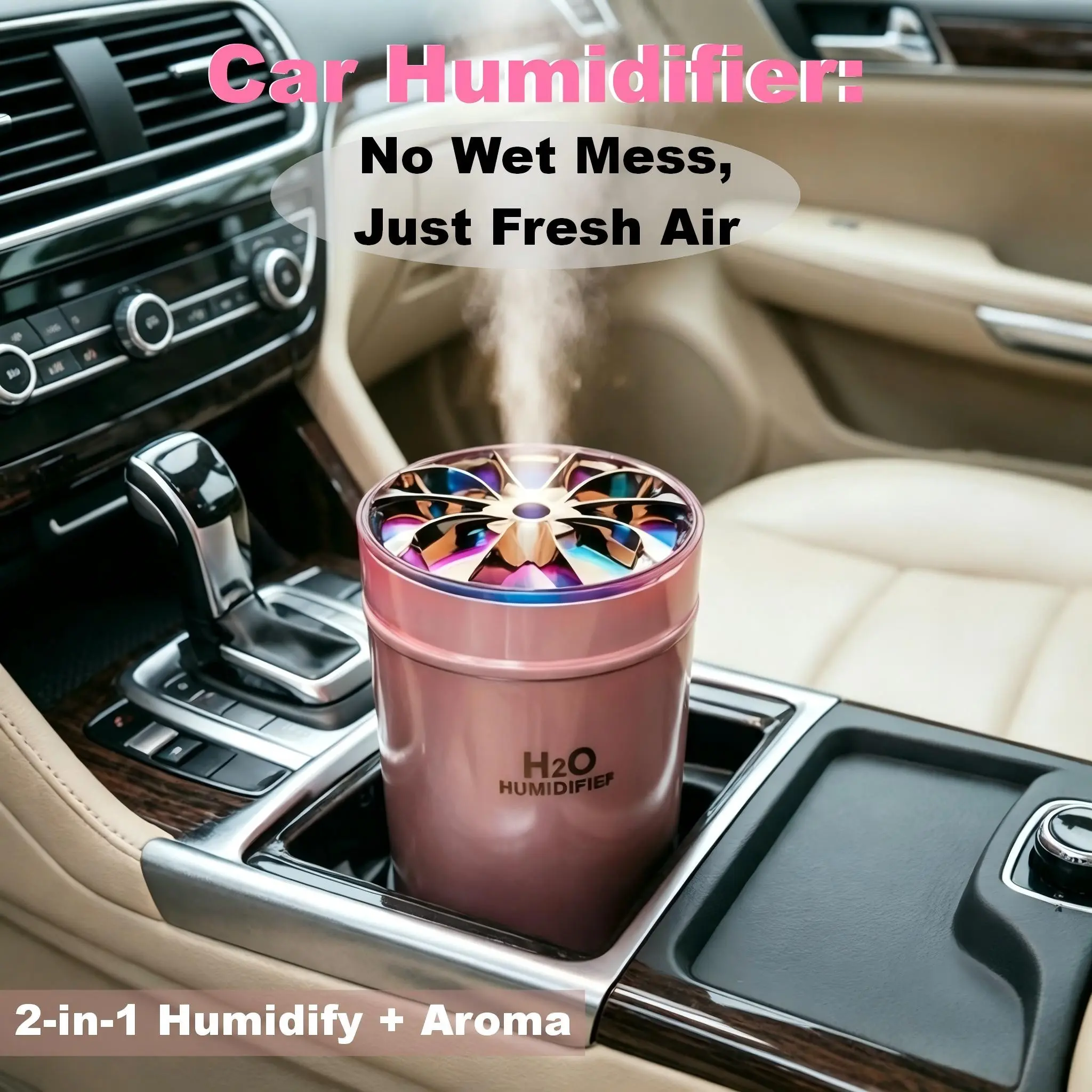Portable Car Humidifier with Colorful Lamp and Type-C Power Supply - Large Capacity Aromatic diffuser, Car Aromatherapy Diffuser, Non-Wet Atomization Air Moisturizing device for Cup Holder, Home, Office