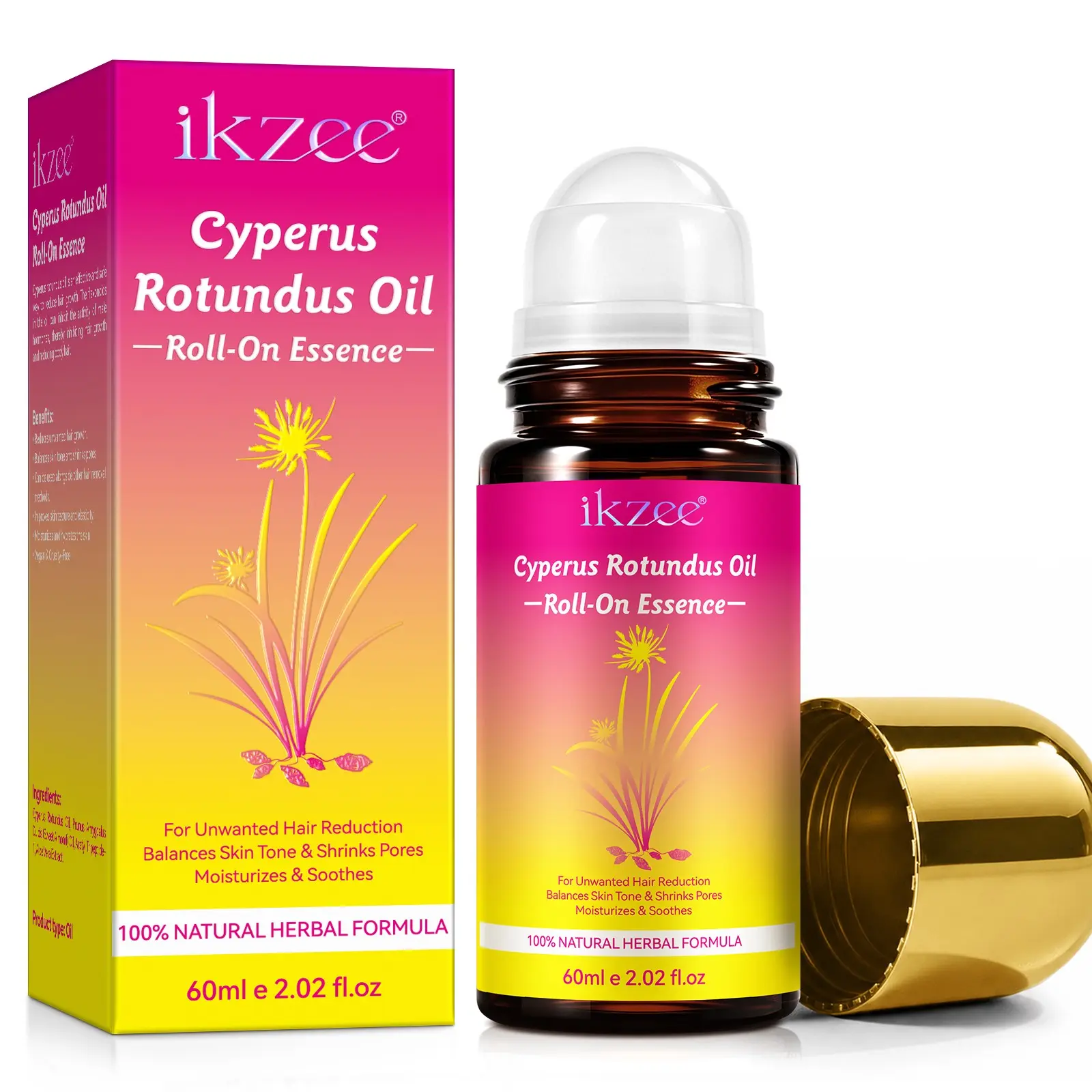 Ikzee Shangfu Cyperus Rotundus Herbal Oil Rollerball 60ML, Post-Waxing Use, Haircare, Reduces Hair Growth Speed, Mustache Aftercare Oil, Liquid Product