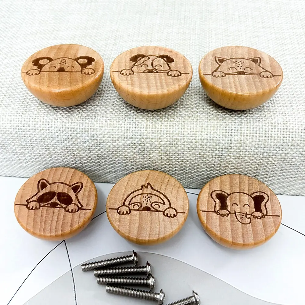 6Pcs Creative Handmade Beech Wood Engraved Lovely be Prostrate Animal Pattern Dresser Knob Kitchen Cabinet pulls Wooden Single Hole Bowl Shape Drawer Knobs Decoration Furniture Handles