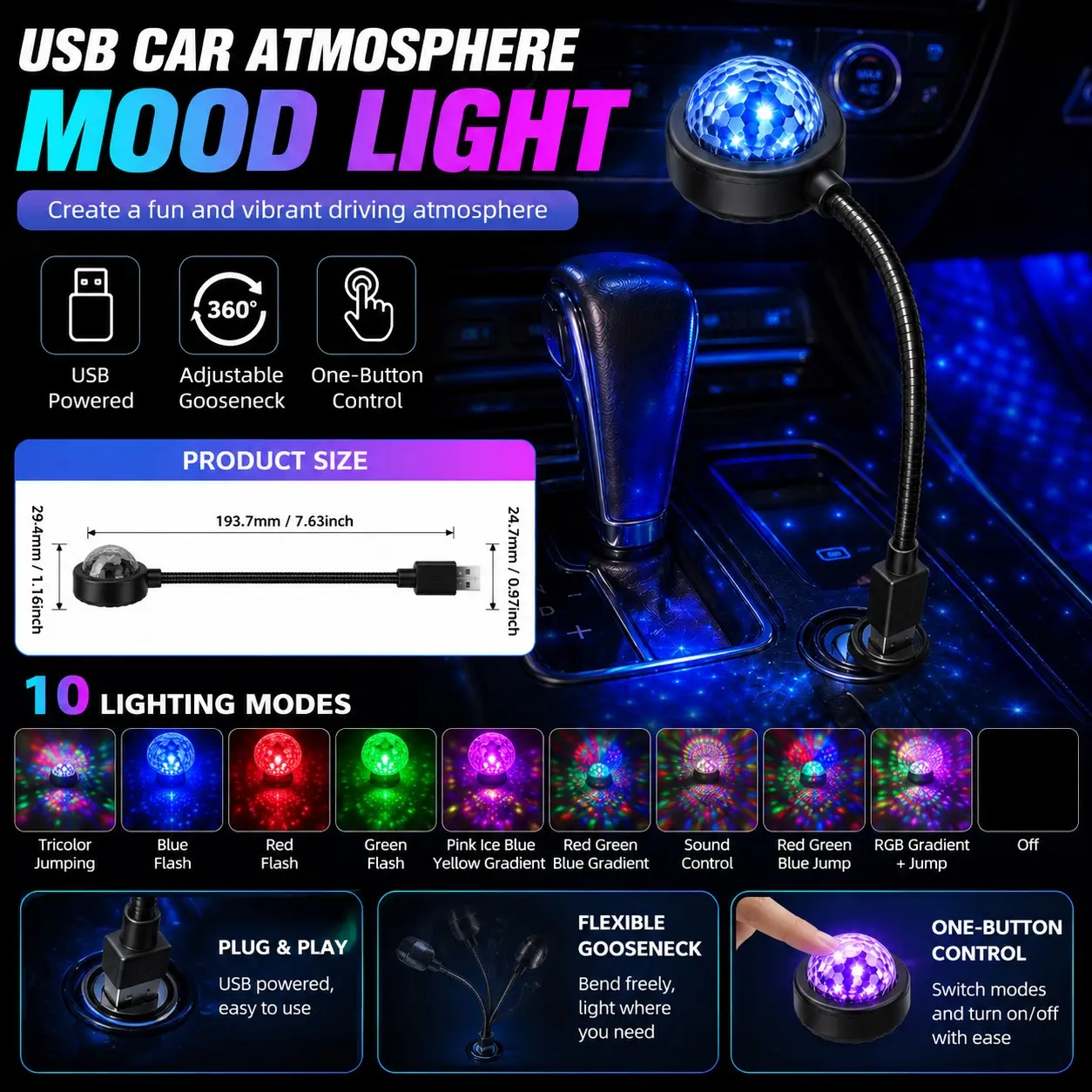 USB Car Atmosphere Light RGB Mood Lamp, Plug & Play Interior LED, Flexible Gooseneck, Sound Control, 10 Lighting Modes, Ambient Star Light for Car Decor, Night Driving Accessories