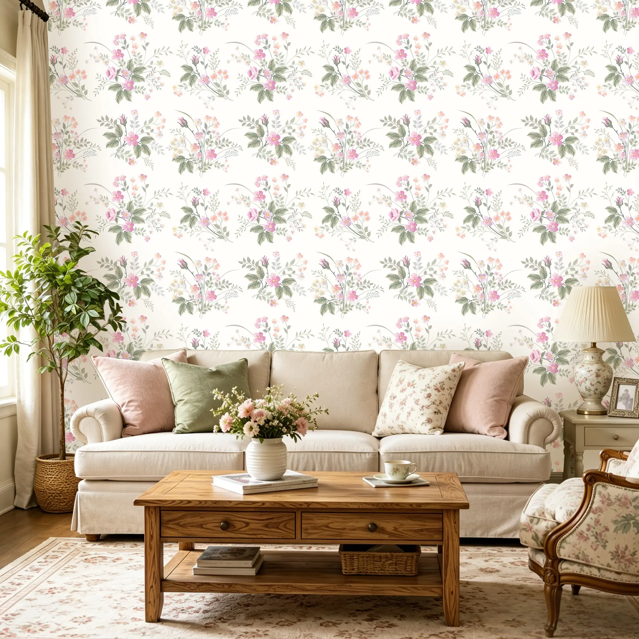 1 Roll 44.5cm/17.5in French Watercolor Pink Purple Floral Wall Decals, Decorative Wallpaper, Self-Adhesive Vintage Wallpaper, Grid Back Easy Cut Peel Stick Wall Decor, for Bedroom Living Room DIY Home Makeover