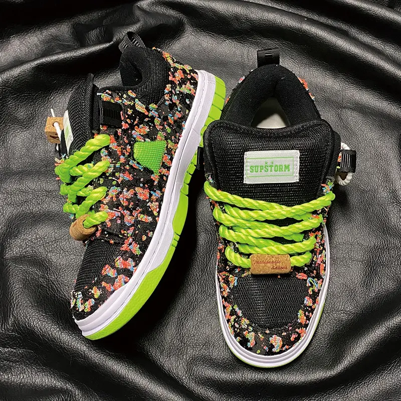 Men Women Couple Sneakers Black Green Color Block Low Top Thick Tongue Platform Shoes Casual Trendy Versatile Sports Shoes