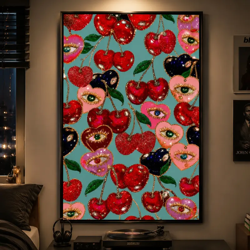 Cherry Eye Wall Art Poster, Funky Fruit Print, Maximalist Glam Wall Decor, Eclectic Kitchen Artwork, Dopamine Decor, Surreal Botanical Poster, Colorful Contemporary Wall Art, Modern Kitchen Wall Decor, Aesthetic Home Decor, Unique Fruit Lover Gift