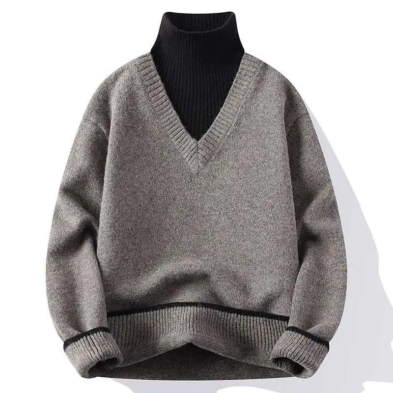 Men'S Faux Two-Piece High-Neck Patchwork Sweater, V-Neck Color-Block Versatile Pullover Top, Everyday Commuter Knitwear, Unisex Versatile Long-Sleeve Pullover #   Sohochic