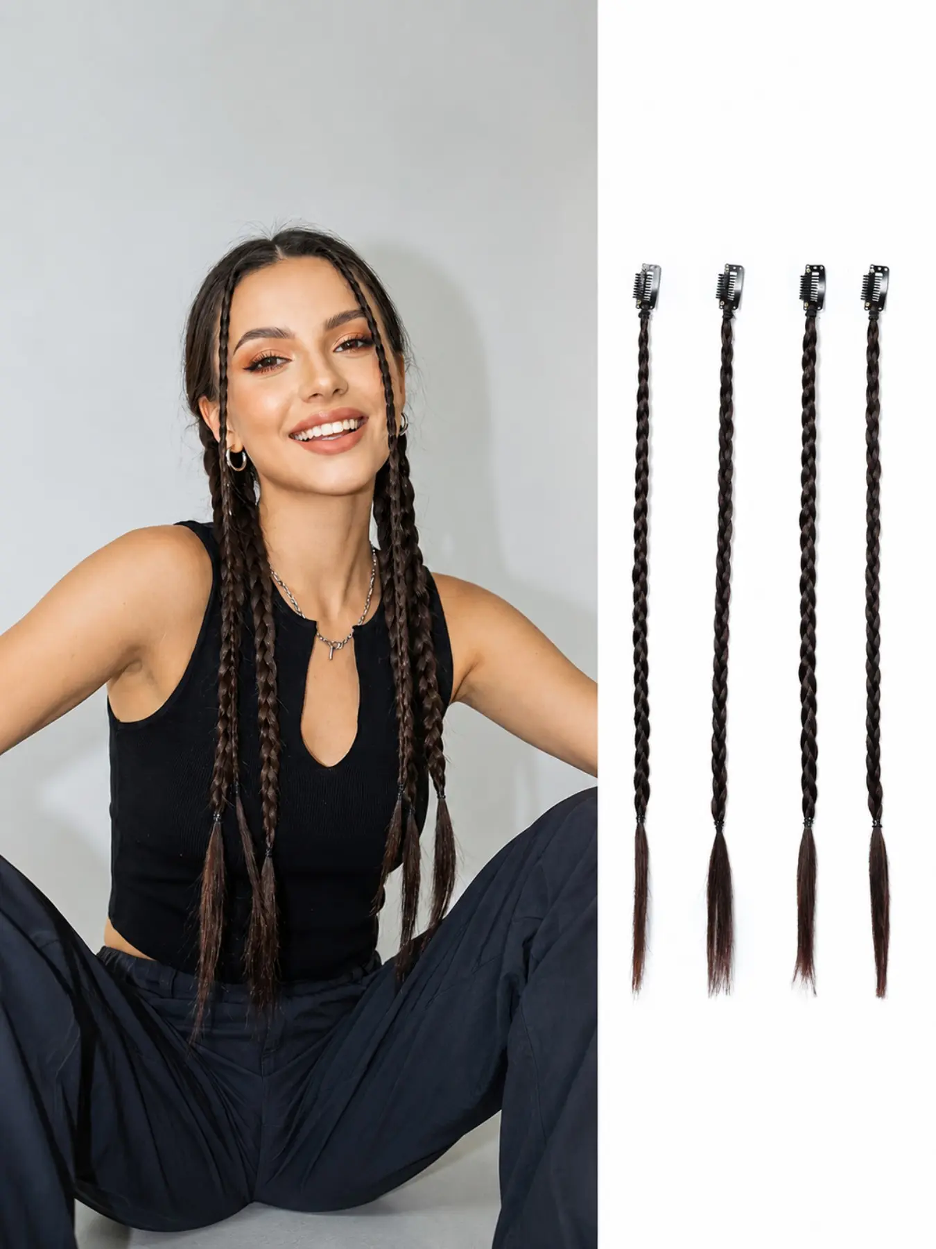 4 Pcs Clip-In Braids, Y2K Style Women's Hair Extensions, Medium Straight, All Seasons, Perfect for Festivals and Daily Wear