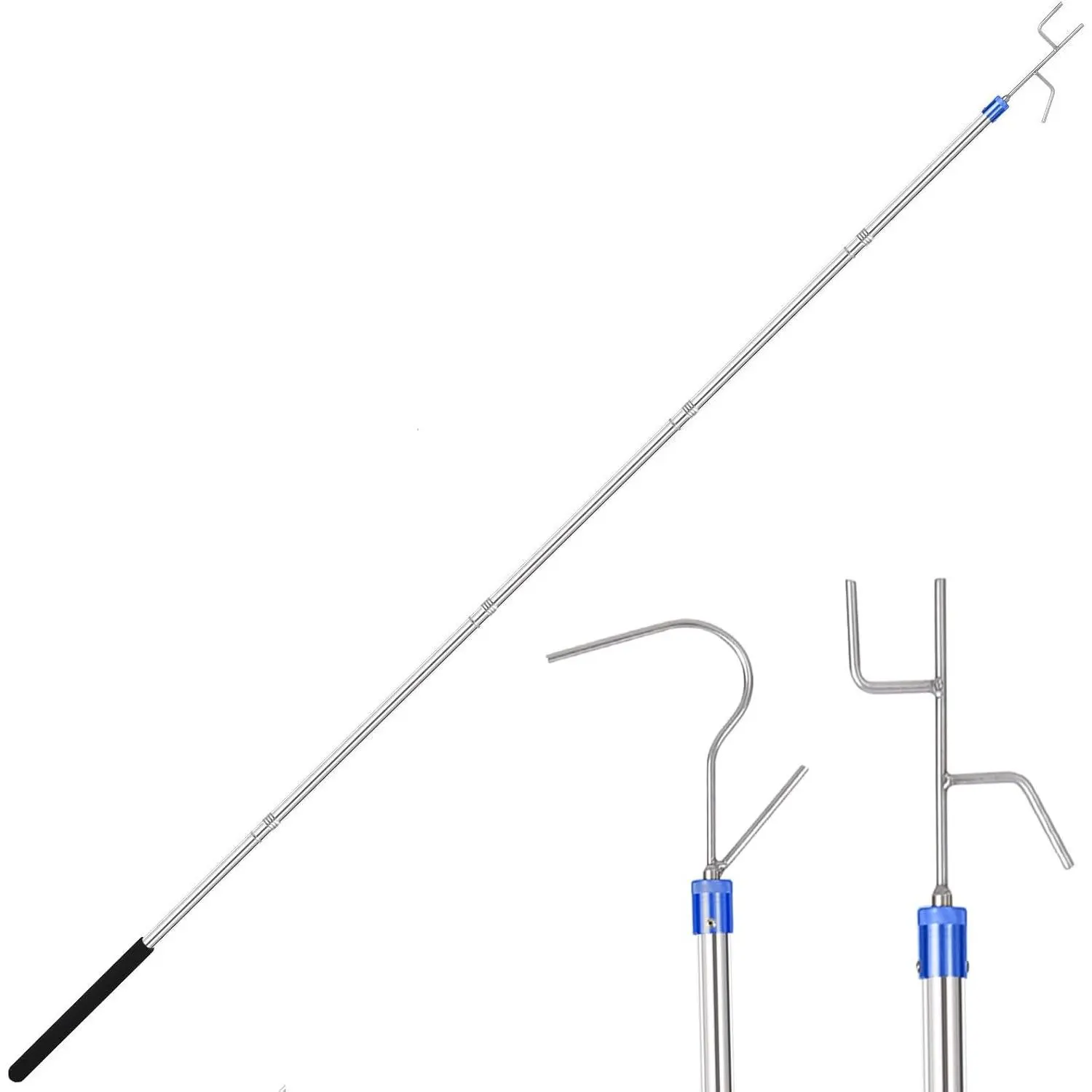 Clothes Hook Pole, Clothes Hanger Reaching Hook for Hanging Clothes Light and Plants Extendable from 29" to 74" Made of Stainless Steel Tube with Sponge Handle (with Two Hooks)