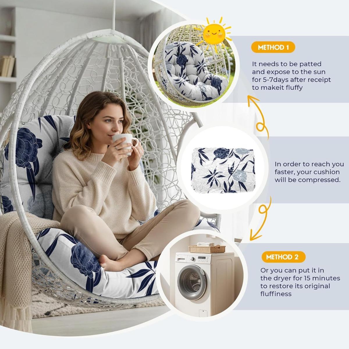 Waterproof Egg Chair Cushion Replacement Outdoor Hanging Chair Cushion 47x35x7 Inches Thicken Egg Chair Cushions with Ties