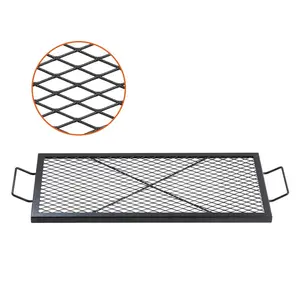 VEVOR X - Marks Fire Pit Grill Grate, Rectangle Cooking Grate, Heavy Duty Steel Campfire BBQ Grill Grid with Handle Support X Wire, Portable Camping Cookware for Outside Party Gathering, 44 Inch Black