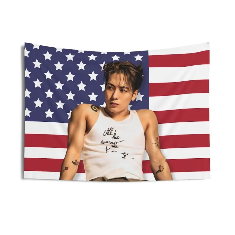 1pc Got7 Jackson Kpop Group Flag Banner - Large 3x5ft Korean Boyband Merch with Member Portraits & Autograph-Style Signatures, Vibrant Red, & Design, Peach Light Fabric For Concerts, Birthdays, Fan Gifts (ahgase) - K-drama Collectible
