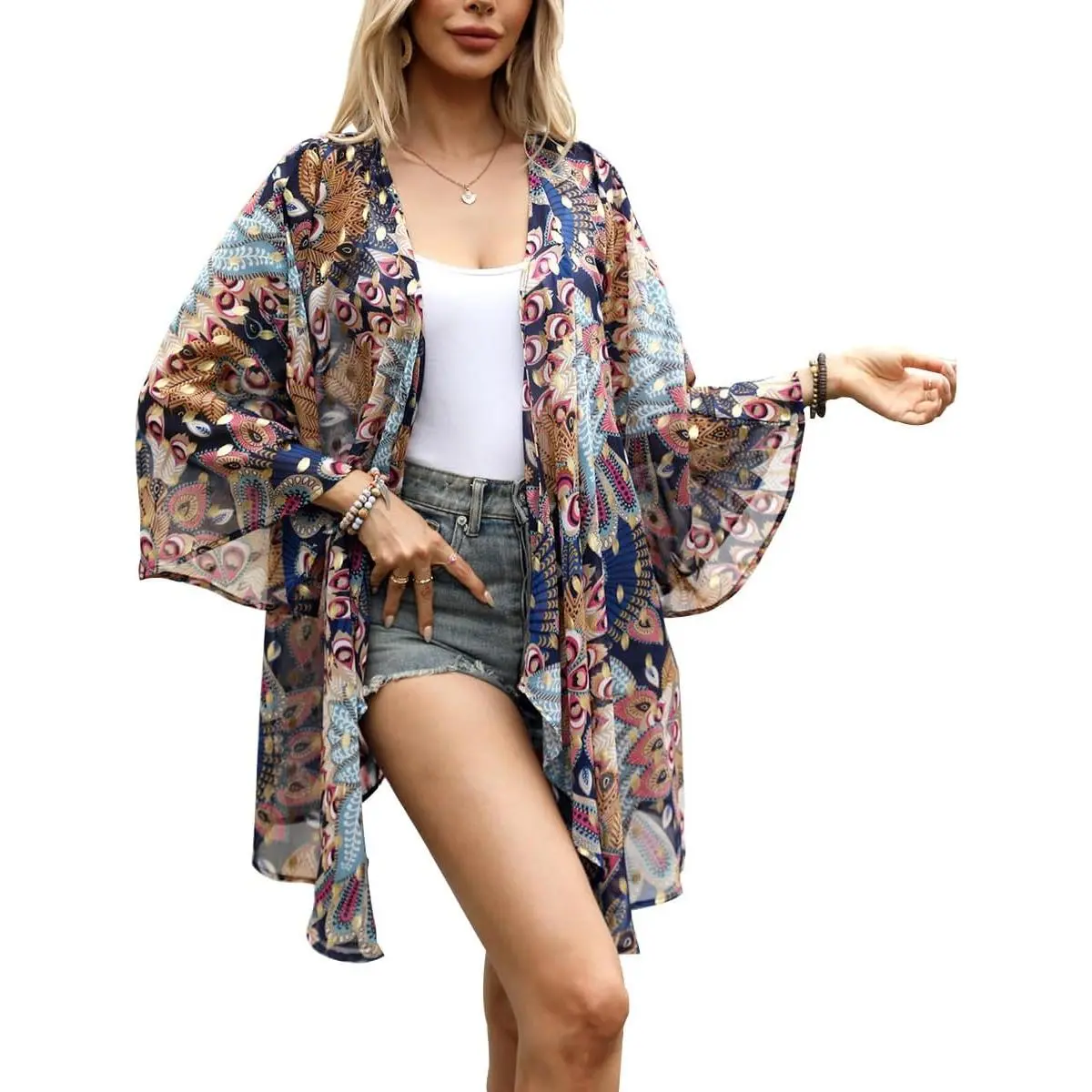 Women Floral Print Bell Sleeve Kimono Cardigan Lightweight Open Front Cover Up Loungewear Cape for Summer