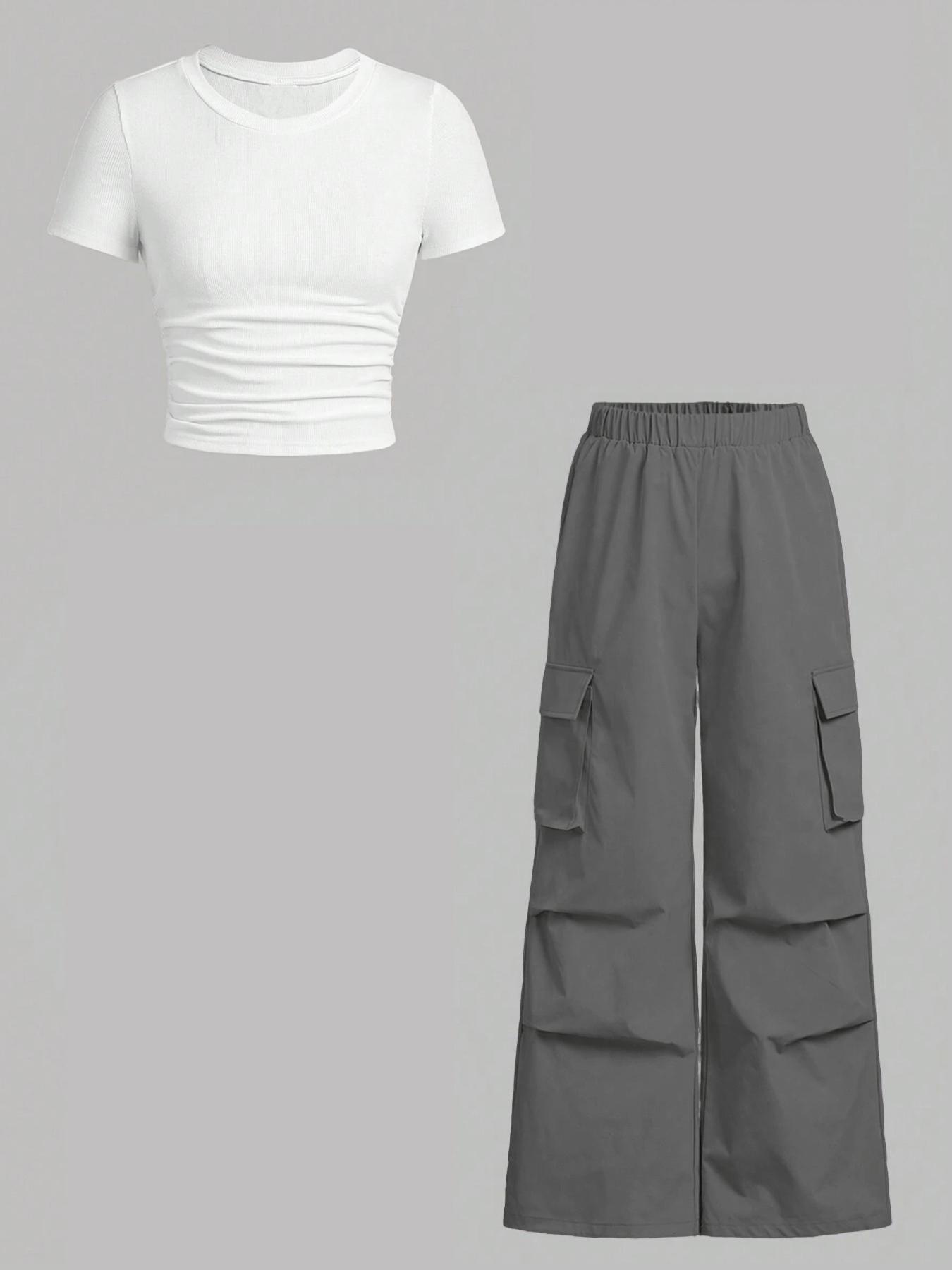 Women's Solid Ruched Ribbed Tee Top & Pocket Cargo Pants Two-piece Set, Street Fashion Casual Short Sleeve T-shirt & Elastic Waist Trousers for Daily Wear, Ladies Two-piece Outfits for All Seasons Womenswear