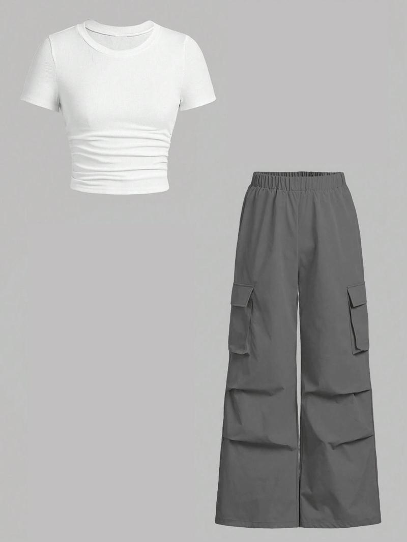 Women's Solid Ruched Ribbed Tee & Pocket Cargo Pants Two-piece Set, Street Fashion Short Sleeve T-shirt & Elastic Waist Trousers for Daily Wear, Ladies Two-piece Outfits for All Seasons