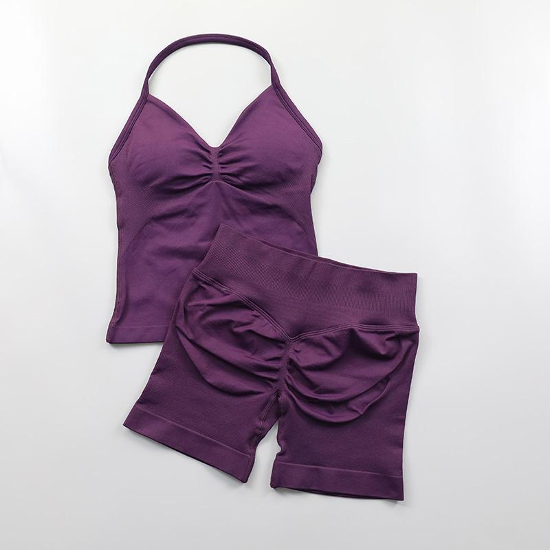 Dfyne  Seamless Yoga Set Women 2Pcs Padded Halter Tank Top Scrunch Butt Lifting Gym Shorts Set Summer Sportswear Workout Clothes Stretch Fabric Activewear Tight Fit Sporty Casual Athletic Jogging