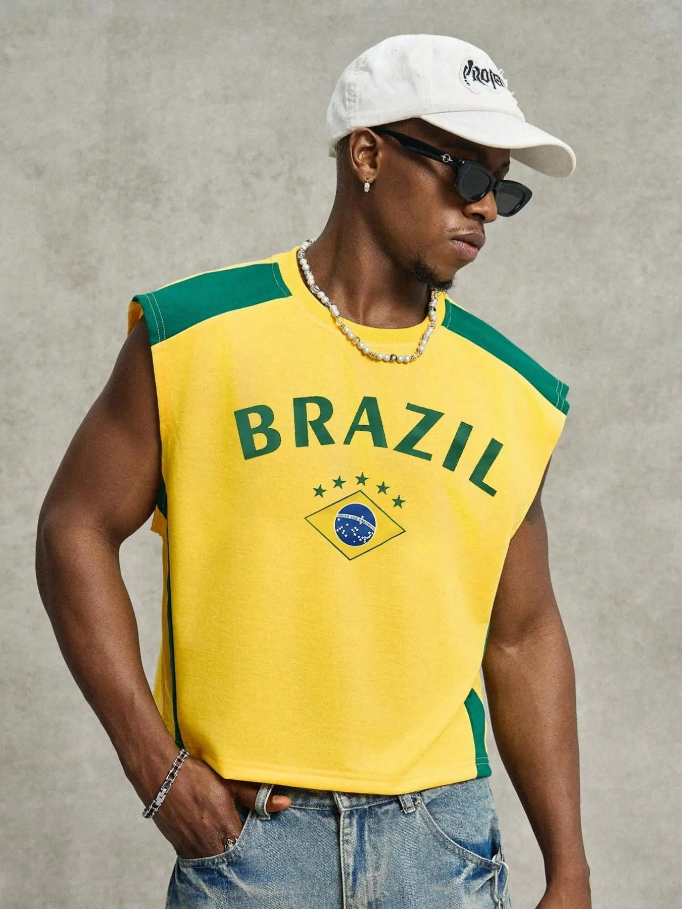 Brazil Letter Graphic Tank Top, Blokecore Vintage Sleeveless Jersey Shirt for Men, Summer Casual Streetwear, Fashion