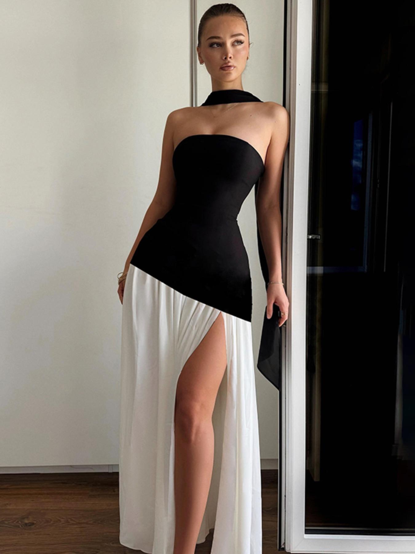 Women's Plain Split Thigh Body Con Tube Dress with Scarf, Elegant Strapless Dress for Party Club Beach Vacation, Ladies Clothes for All Seasons, Bodycon Party Dress Women's Plain Split Thigh Body Con Tube Dress with Scarf, Elegant Strapless Dress for Party Club Beach Vacation, Ladies Clothes for All Seasons, Bodycon Party Dress