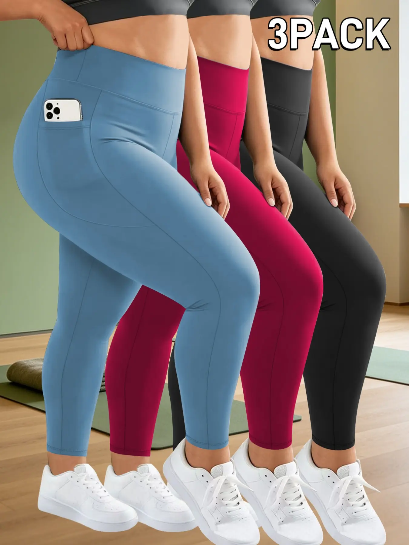 Three-Pack Plus Size Women's Yoga Pants, High Waist Stretchy Tight Fit, Side Pockets for Phone, Soft Elastic, Casual Workout Bottoms, Active Leggings, High Waisted Leggings