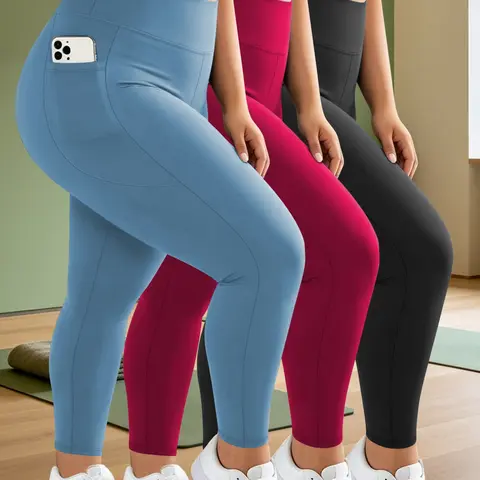 Women's 3-Pack Plus Size Yoga Pants, Stretchy Tight Fit, Side Pockets for Phone, Soft Elastic, Casual Workout Bottoms, Activewear Bottoms, Active Leggings, High Waisted Leggings