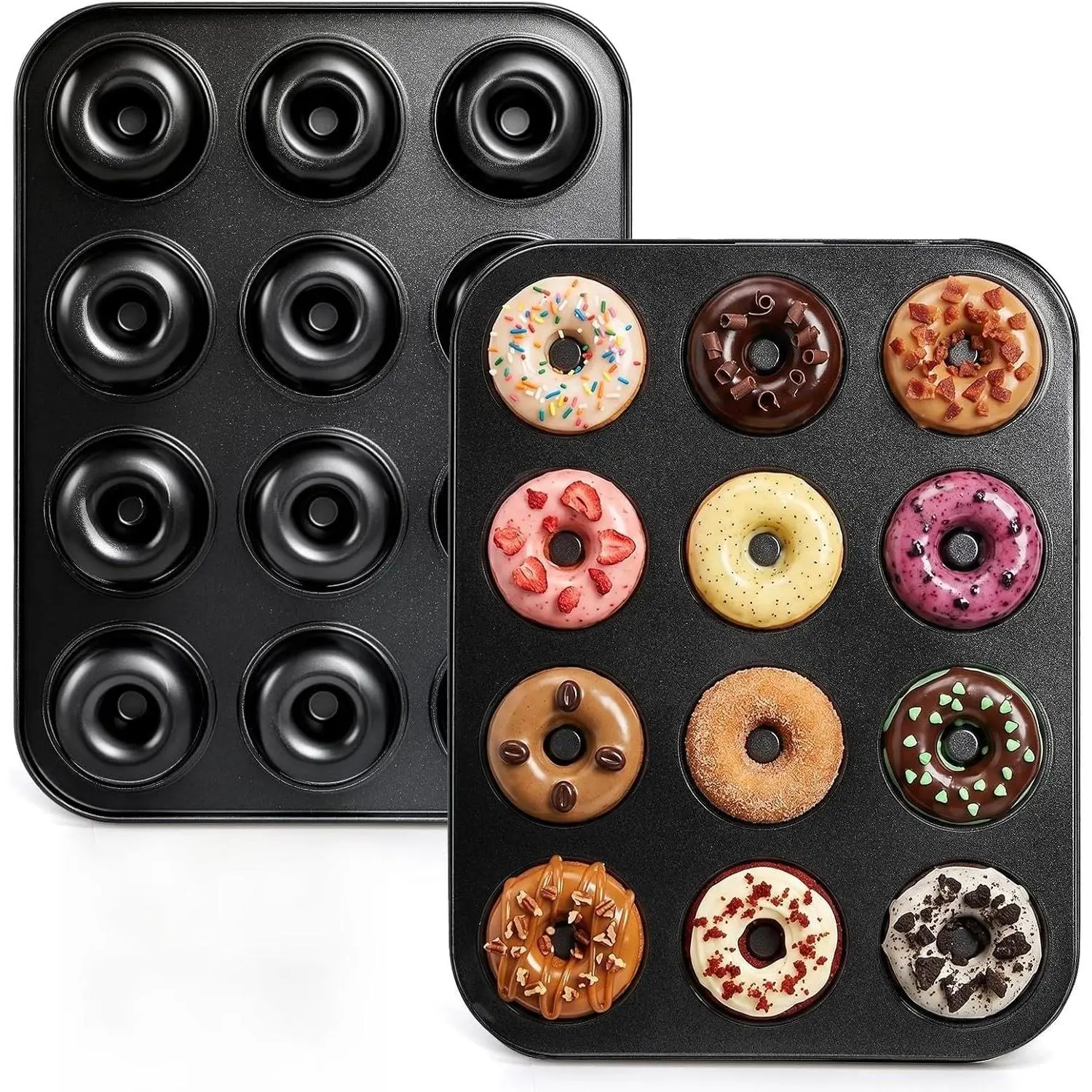 Lawei 2 Pack 12-Cavity Non-stick Donut Pan, Carbon Steel Donut Baking Pan for Muffin, Cake, Dessert, Mini Bagel Mold Donut Trays for Oven, Microwave, Freezer Safe