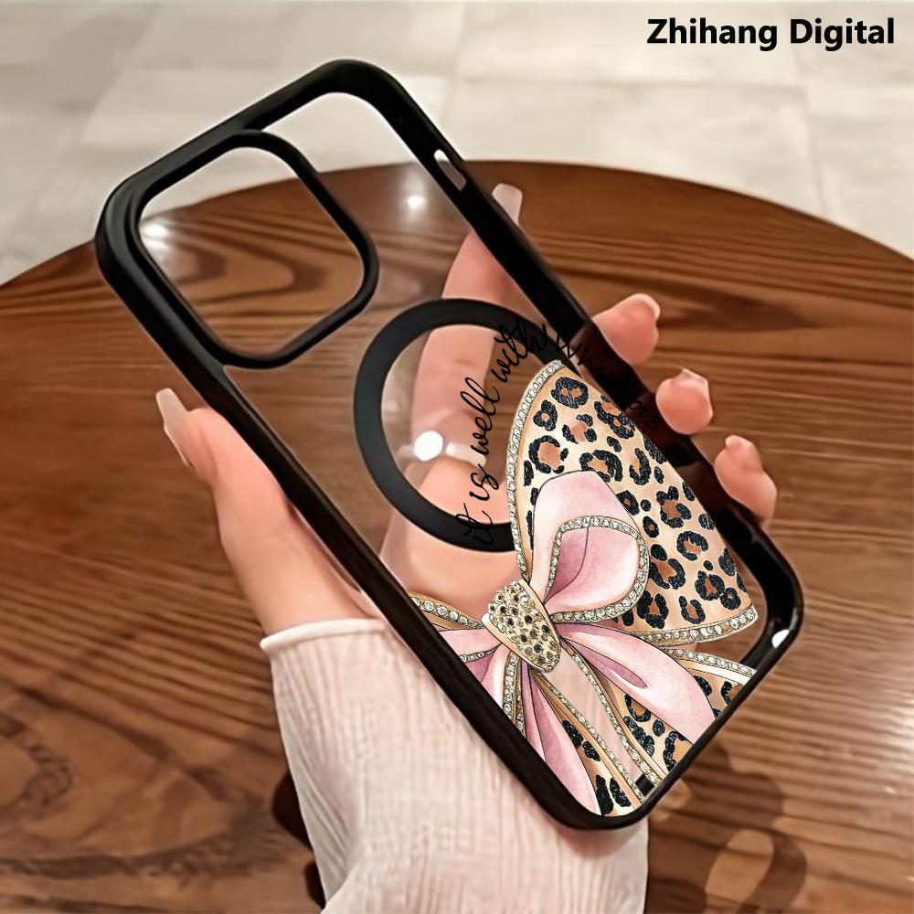 Leopard Print Bow Pattern Phone Case for iPhone 17 Pro Max Air 16 Plus 15 14Pro 13 12 11 Smartphone Magnetic Wireless Charging Compatible Protective MagSafe Support Shockproof Cover