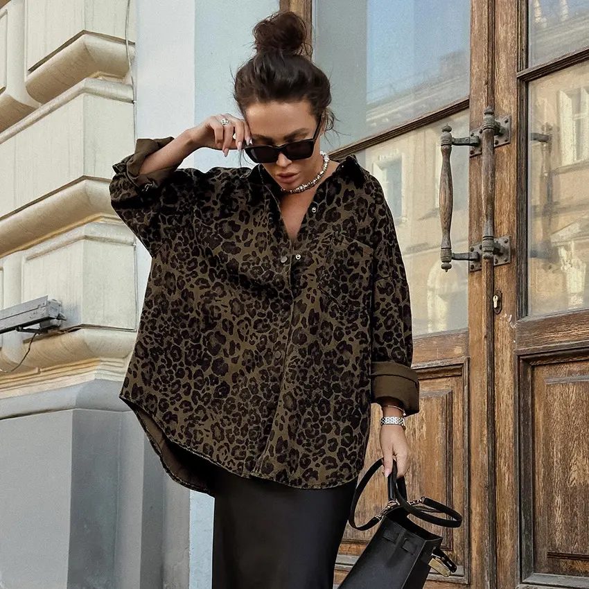 Vintage Leopard Print British Style Versatile Turn-down Collar Long Sleeve Casual Jacket