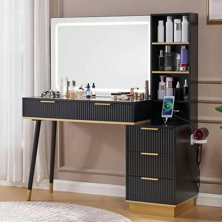 48 Inch Fluted Vanity Desk With Large Mirror And Adjustable LED Lights, Modern Makeup Table With 5 Drawers, 3 Display Shelves, Glass Top And-In Charging Station Bedroom Or Dressing Room, Black
