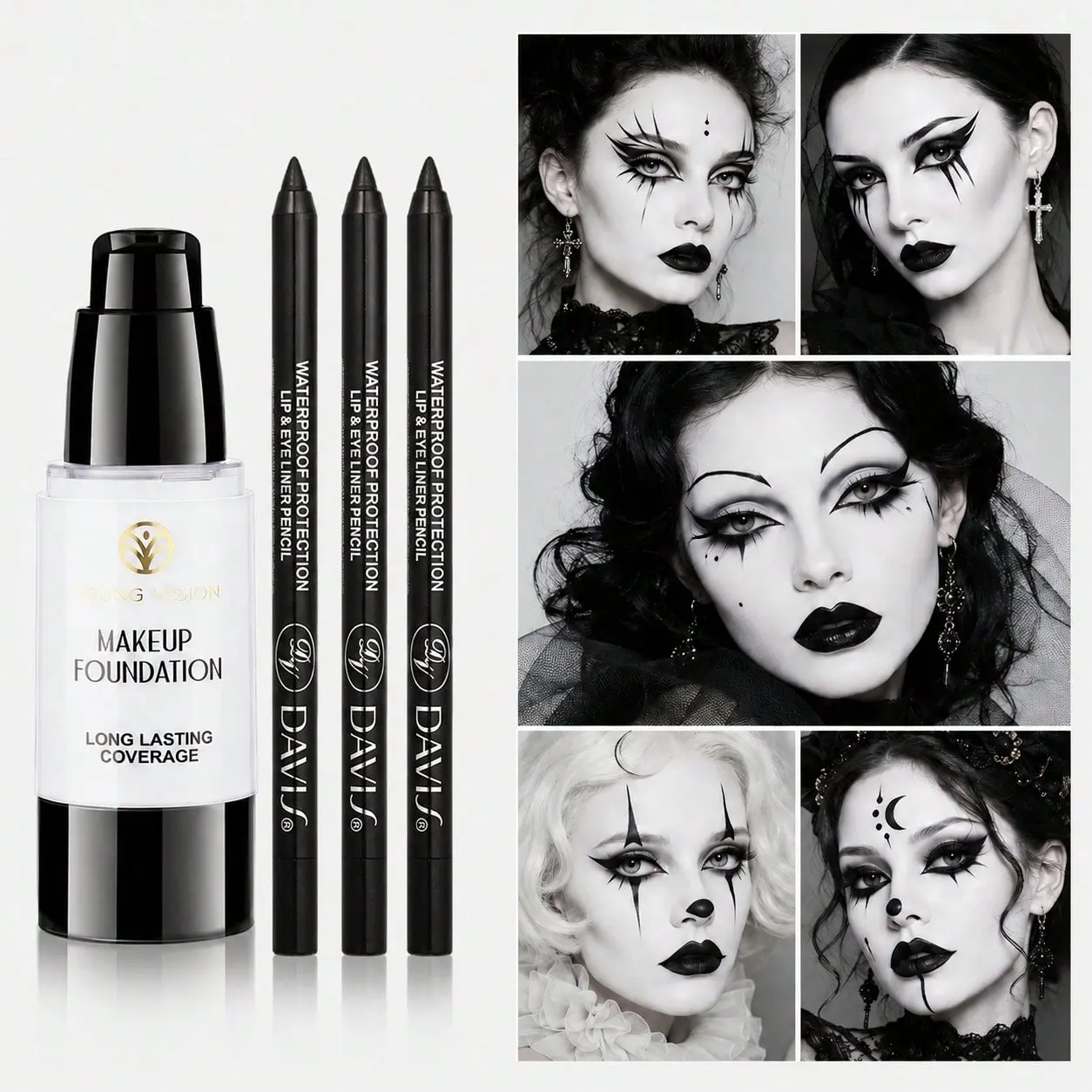 4-Piece Compact Cosmetic Makeup Set - 1 White Matte Foundation (Oil-Controlling, Non-Sticky, Concealing, Long-Lasting, Blendable) & 3 Black Gel Eyeliner/Cream Eyeshadow Pencils (Silky Smooth) for Daily Use, Halloween Cosplay, Gift