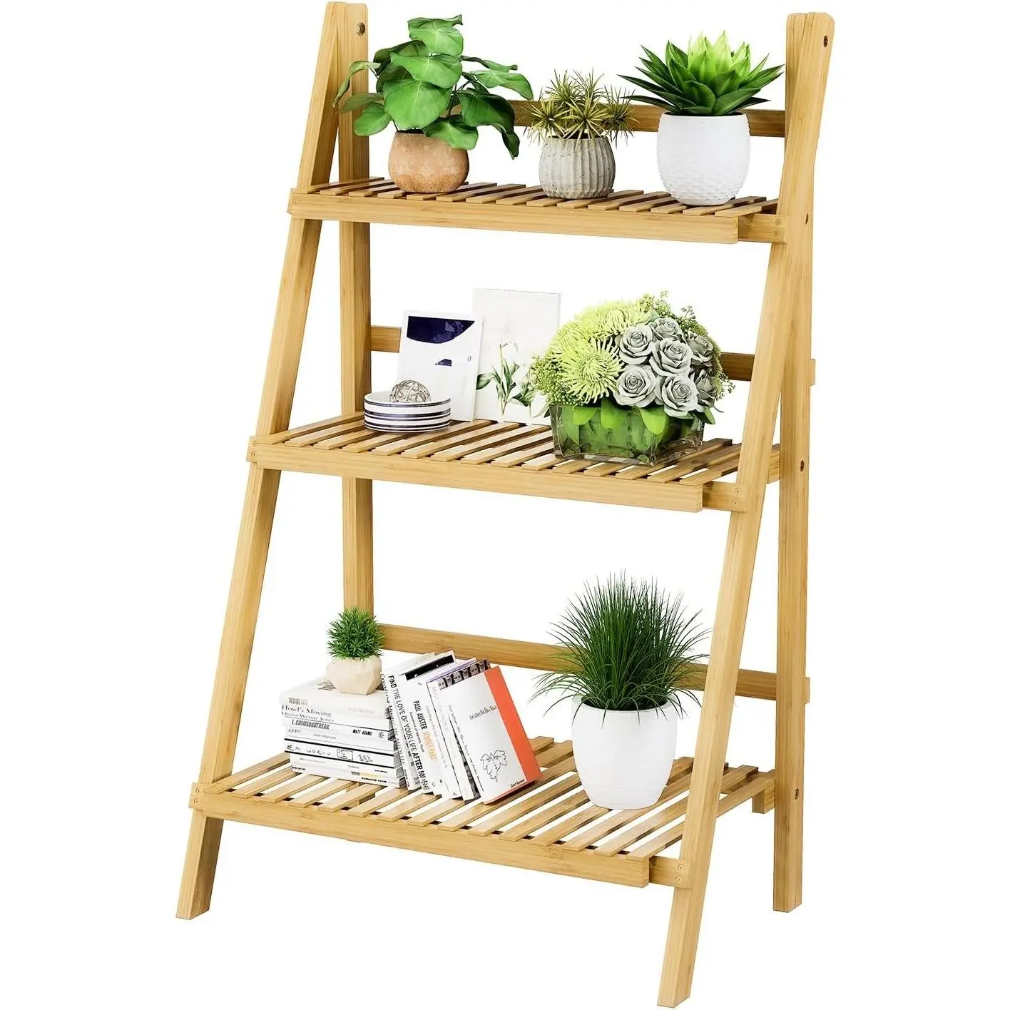 Foldable Ladder Shelf 39.4", Plant Shelf 3 Tier, Bamboo Ladder Flower Pot Display Shelf, Freestanding Ladder Bookshelf for Living Room, Balcony, Yard, Garden, 23.6"W x 15"D x 39.4"H, Natural