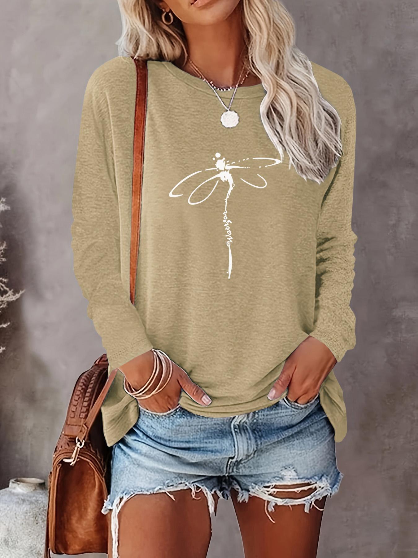 Women's Dragonfly Print Round Neck Tee, Casual Comfort Womenswear Long Sleeve Crew Neck T-shirts for Summer, Fashion Women's Top for Daily Wear