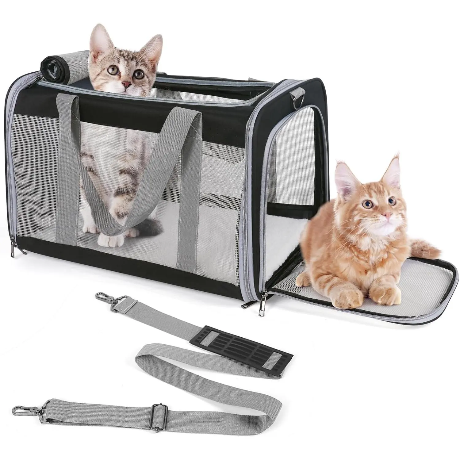 Pet Carrier for Large Cats up to 20 Lbs, Collapsible Carrier for Big Cat or 2 Kittens, Soft-Sided Puppy Carrier with Sturdy Transport Strap, Adequate Ventilation, 4 Mesh Windows (Black)