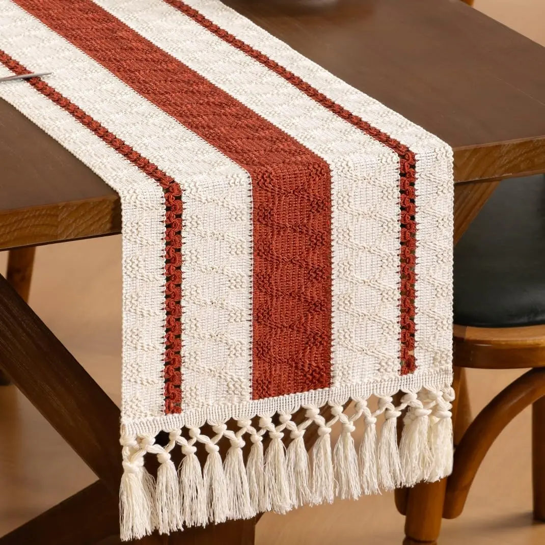 Woven Linen Table Runner Terracotta & Ivory 11"x70" with Tassels Macrame Farmhouse Table Runner for Summer Dining Room Wedding Party
