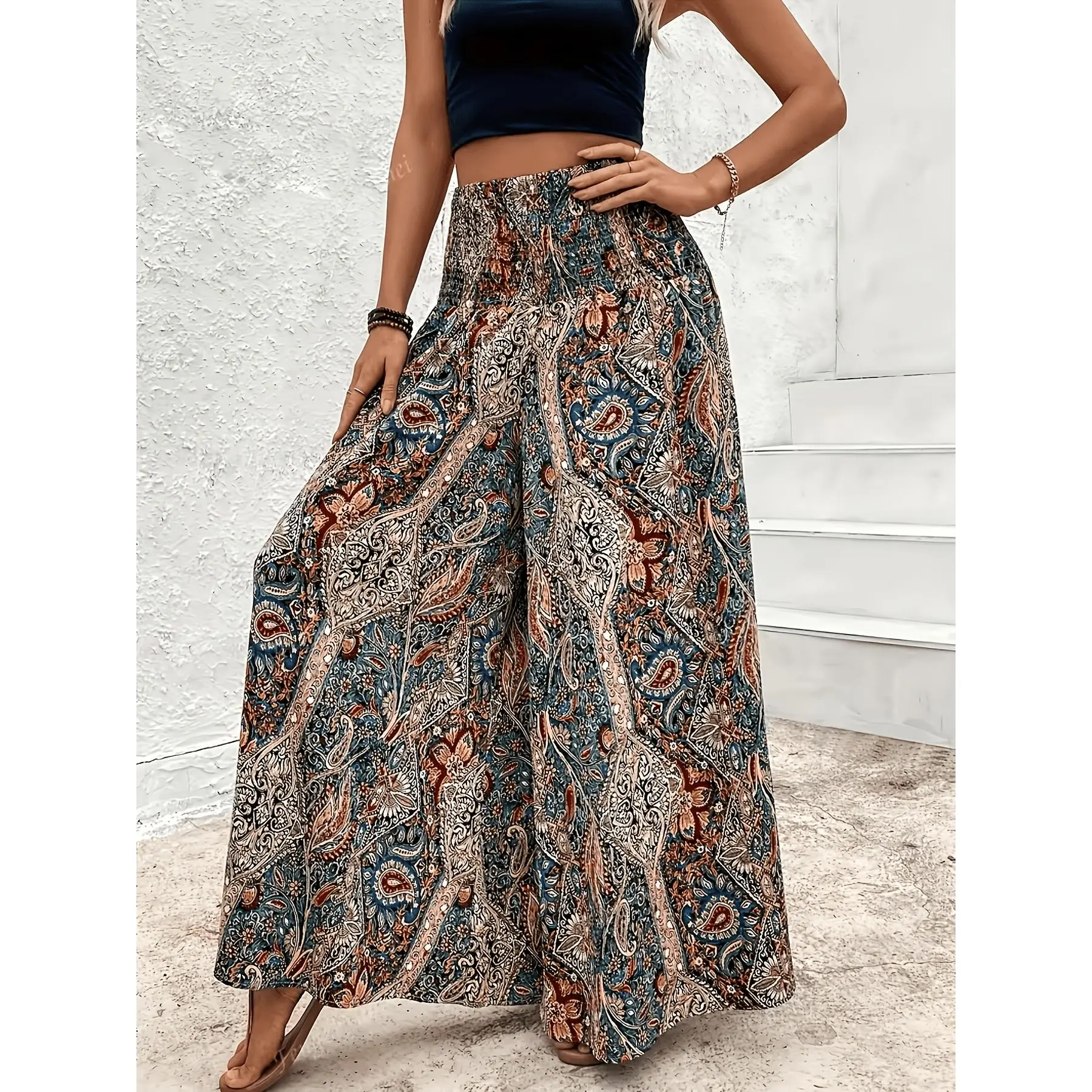 Women's New Tie-Dye Polyester-Elastane Woven Casual Floor-Length Wide-Leg Jumpsuit - SoftMotion, All-Seasons, Shirred Detail, Daily Wear, Loose, Machine Wash, Do Not Dry Clean