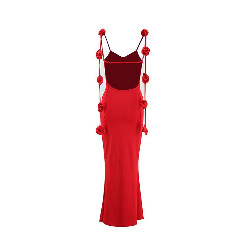 Women's sexy evening dress, backless with shoulder straps, decorated with three-dimensional flowers, long slip dress