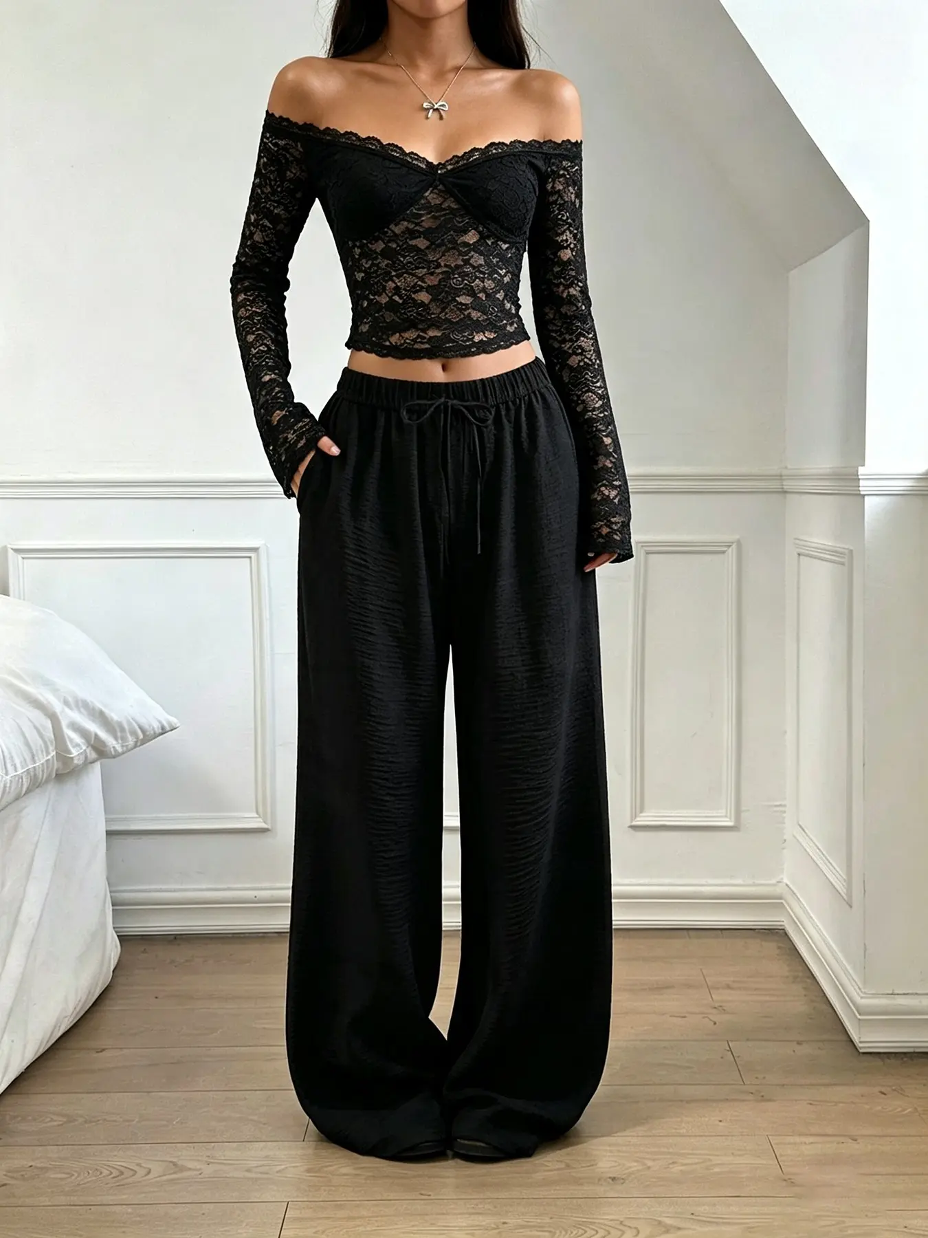 Black off-shoulder transparent lace long-sleeve crop top with drawstring wide-leg pants set! A comfortable and breathable casual set, ideal for dates, street style, parties, and everyday casual looks. #LaceLongSleeveSet #HotGirlStyle #CasualHomeWear