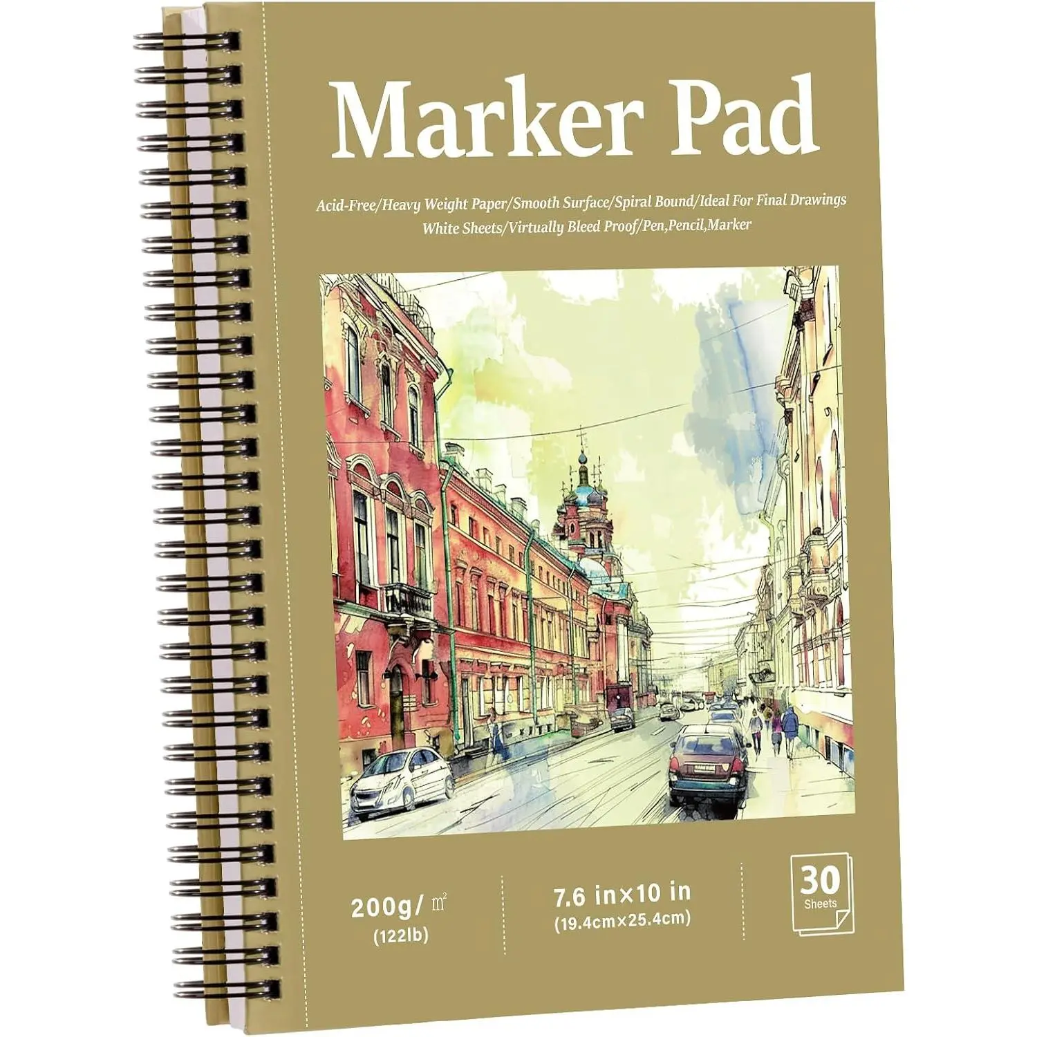 Hardcover Marker Paper Pad, 30 Sheets, 7.6 × 10 in, 200gsm, Spiral | Acid-Free Anti-Bleed Paper, Lays Flat, Easy- Pages, for  Markers, Pens, Acrylics, Sketching And Coloring