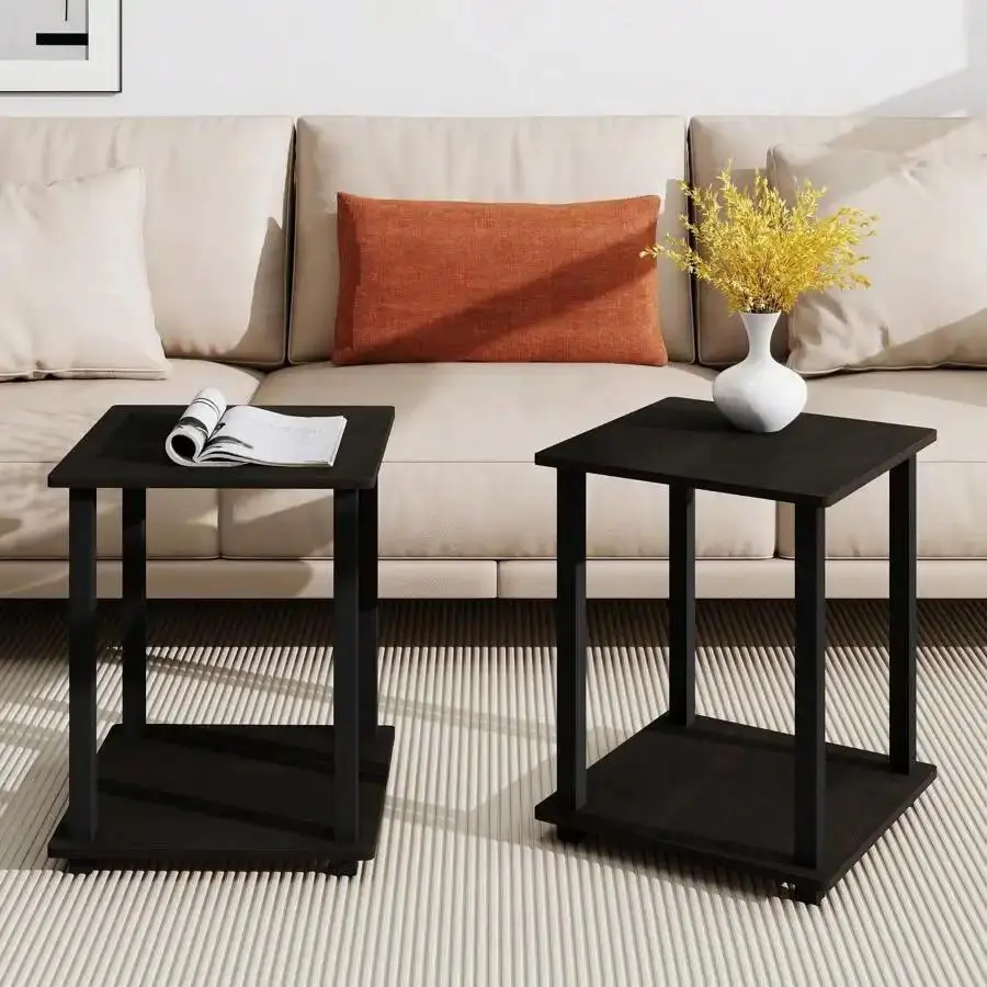 Classic 2-Piece Mirrored End Table Set - Espresso/Dark Brown, Inlay Marble, Multi-Functional Indoor Furniture with Wheels for Living Room/Bedroom Storage (Sofa Side, Bedside Use)