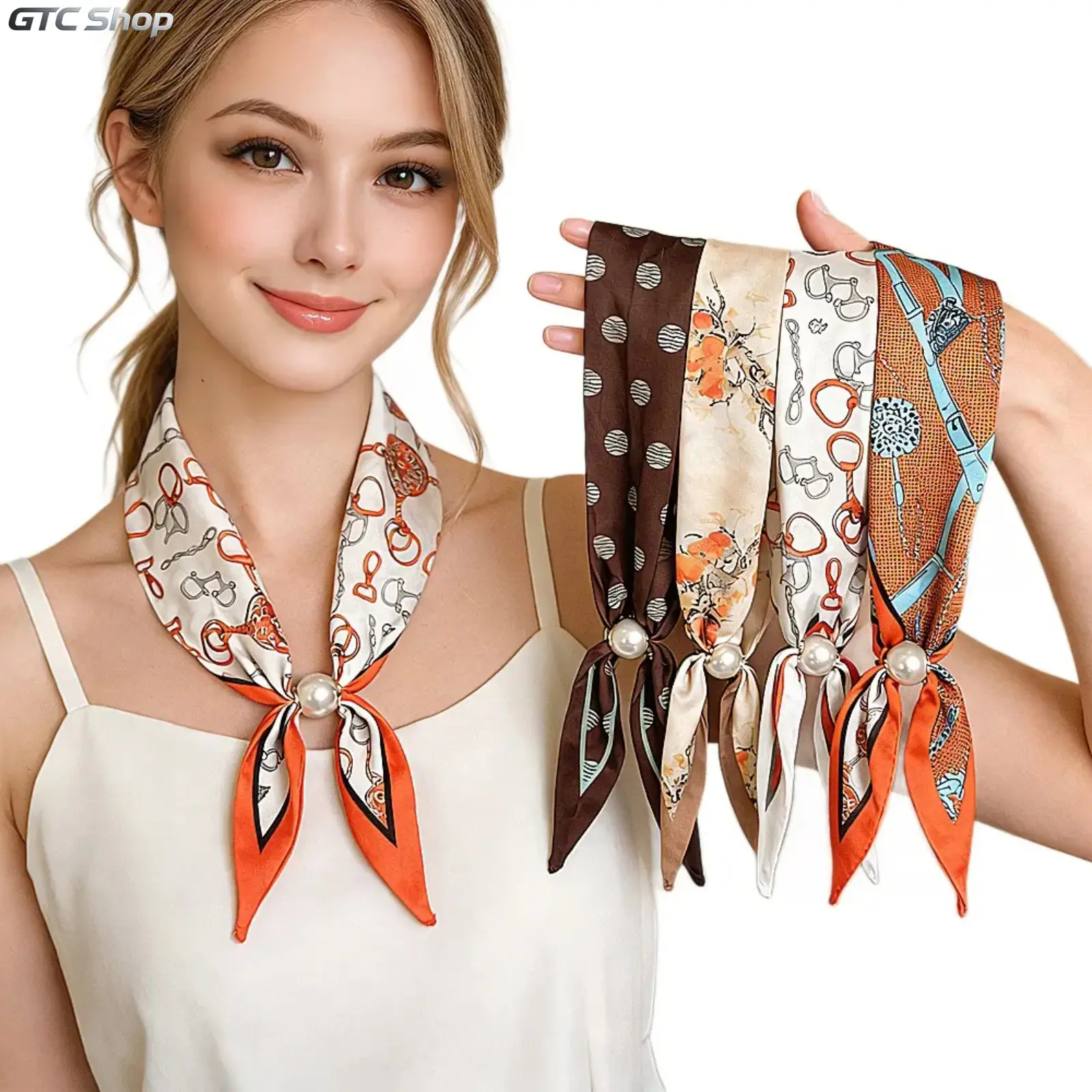 Women's 3-Piece Minimalist Scarf Set — Stylish Magnetic Pearl Neck Scarf, Slim Satin Neck Tie, & Headband/Head Scarf (New Arrival)
